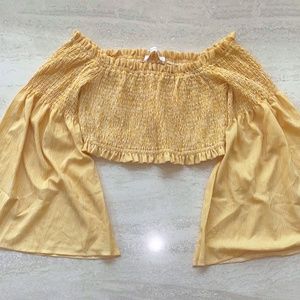 Impeccable Pig Yellow Ruched Crop Top with Bell Sleeves